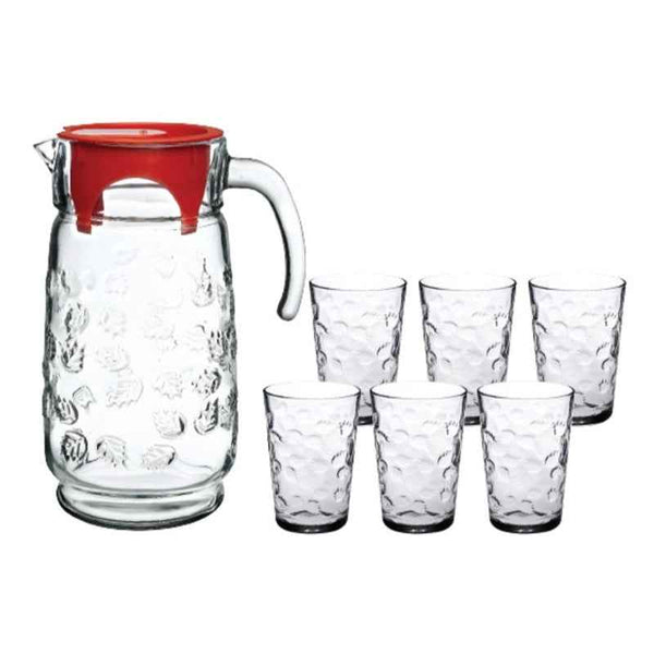 Pasabahce Jug Set with Colorful Lid & 6 Cups, 7 Pcs Clear - 1004070