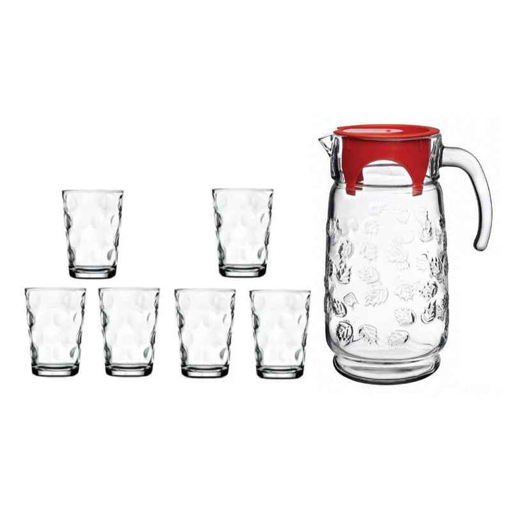 Pasabahce Jug Set with Colorful Lid & 6 Cups, 7 Pcs Clear - 1004070