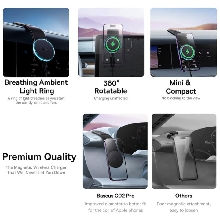 Baseus Magnetic Wireless Charging Car Mount C02 Pro Black BA.C40156000111-00.BK - Salman Stores