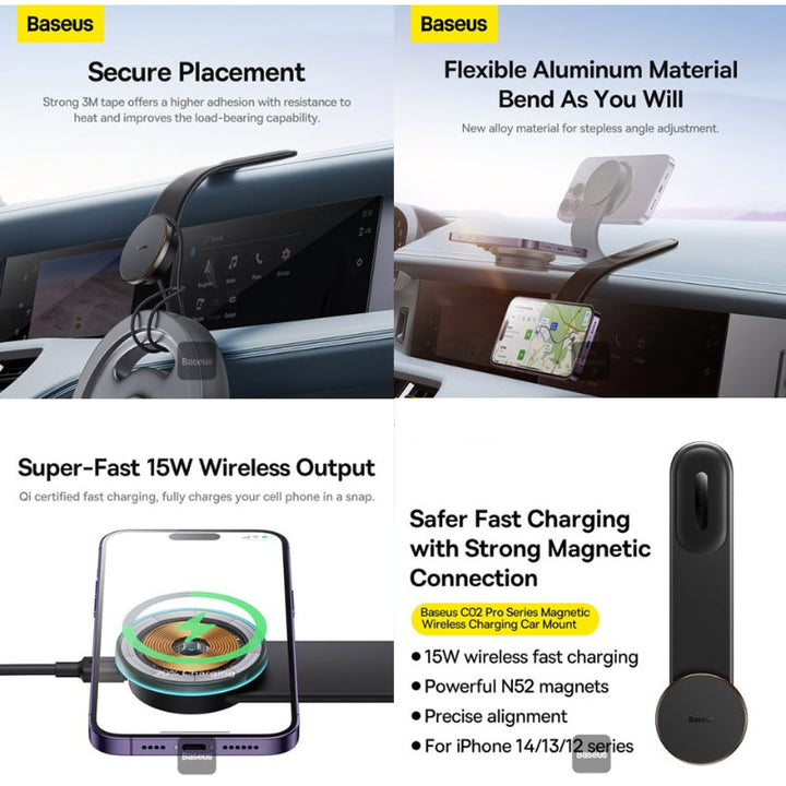 Baseus Magnetic Wireless Charging Car Mount C02 Pro Black BA.C40156000111-00.BK - Salman Stores