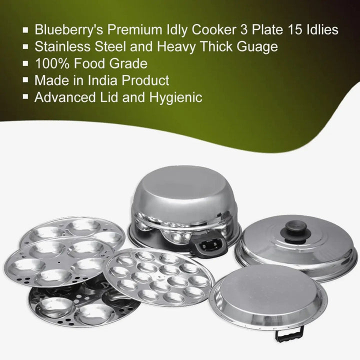 Blueberry’s Idli Cooker Stainless Steel 3 Plates 15 Idly - Salman Stores