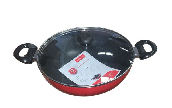 Blueberry's Nonstick Kadai with Glass Lid 3mm Thickness Non Induction Base 24 cm Red BB791531 - Salman Stores