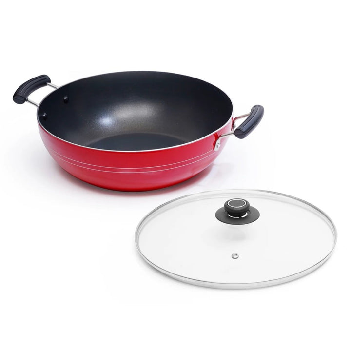 Blueberry’s Nonstick Kadai with Glass Lid 3mm Thickness Induction Base 28 cm Red - Salman Stores