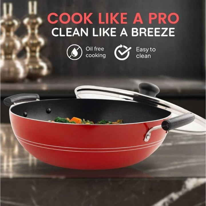 Blueberry’s Nonstick Kadai with Glass Lid 3mm Thickness Non Induction Base 28 cm Red - Salman Stores