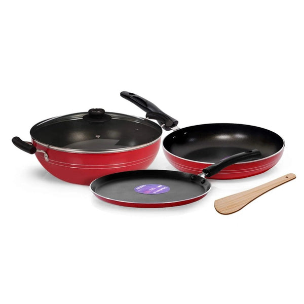 Blueberry's Non-Stick Kadai, Tawa, Fry Pan Set Non Induction Base Red - Salman Stores