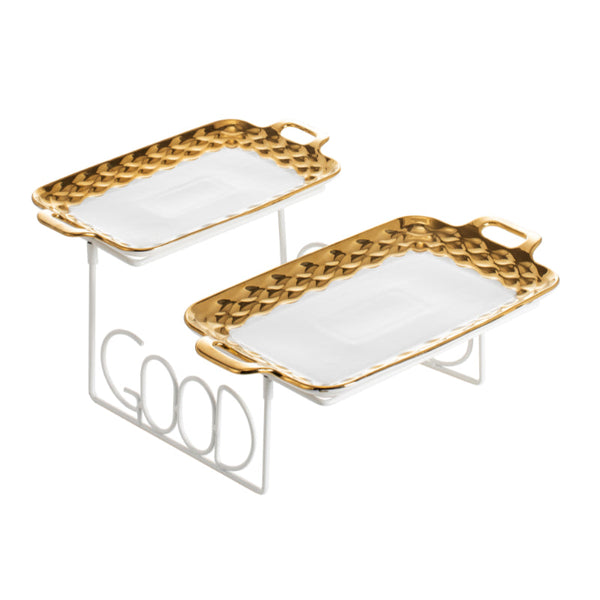 Blumen 2 Tier Rectangle Plate with Stand BLD2230WGD - Salman Stores