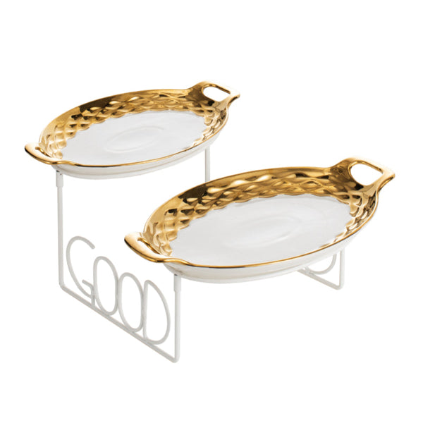 Blumen 2 Tier Oval Plate with Stand BLD2233WGD - Salman Stores