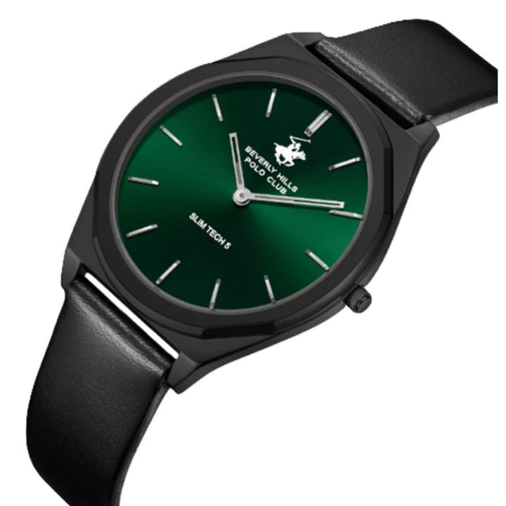 Beverly Hills Polo Club Men Black Leather Analog Green Dial Watch BP3712X671 - Salman Stores