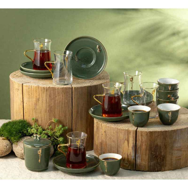 Otantik Tea And Arabic Coffee Set 19 pcs From Liqaa Green 150 cc ET2797