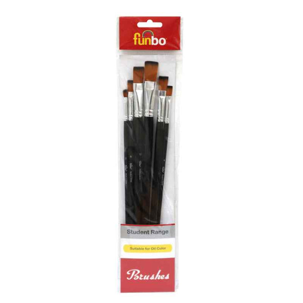 Funbo Multi Purpose Long Assorted Flat Oil Color Brush Set of 6, No. 2, 4, 6, 8, 12, 14 FO-BR-MPL-FLT-06