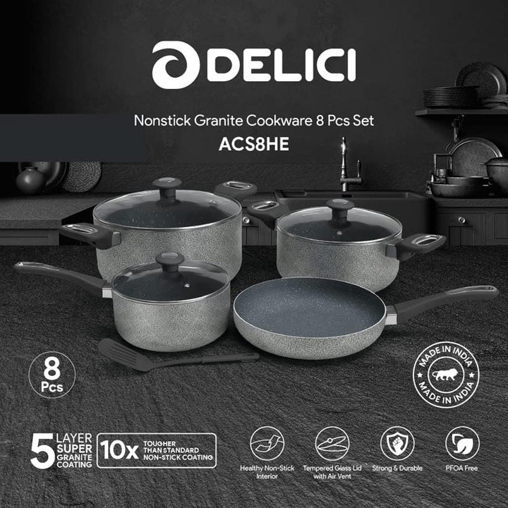 DELICI Cookware Set Non Stick 8 pcs Black IMACS8HE - Salman Stores