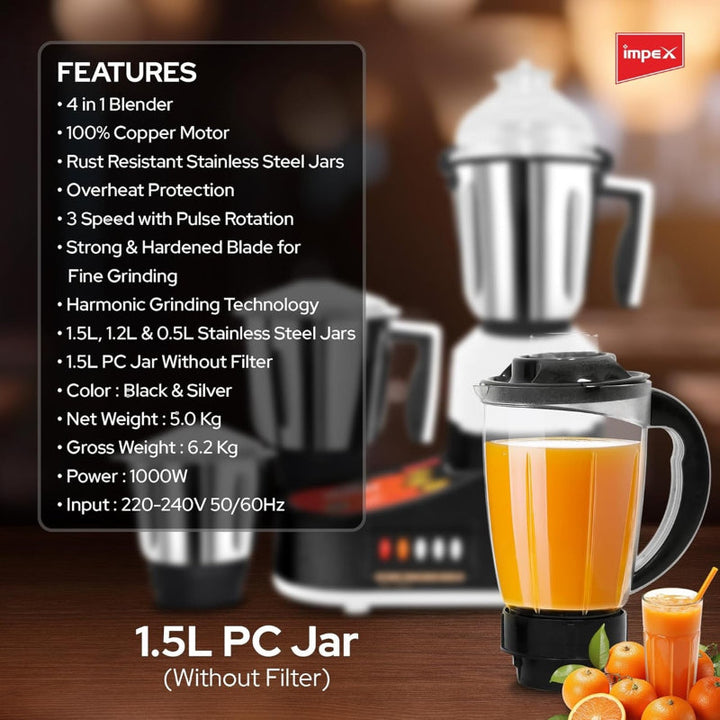 Impex Mixer Grinder 4 in 1 Black 1000 W IMBL1004 - Salman Stores