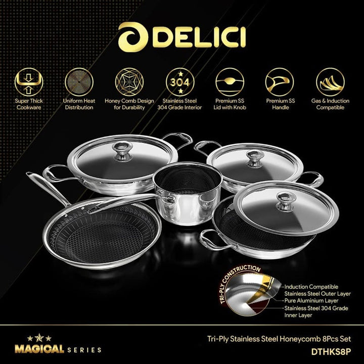 DELICI Cookware Set Stainless Steel 8 pcs Silver IMDTHKS8P - Salman Stores