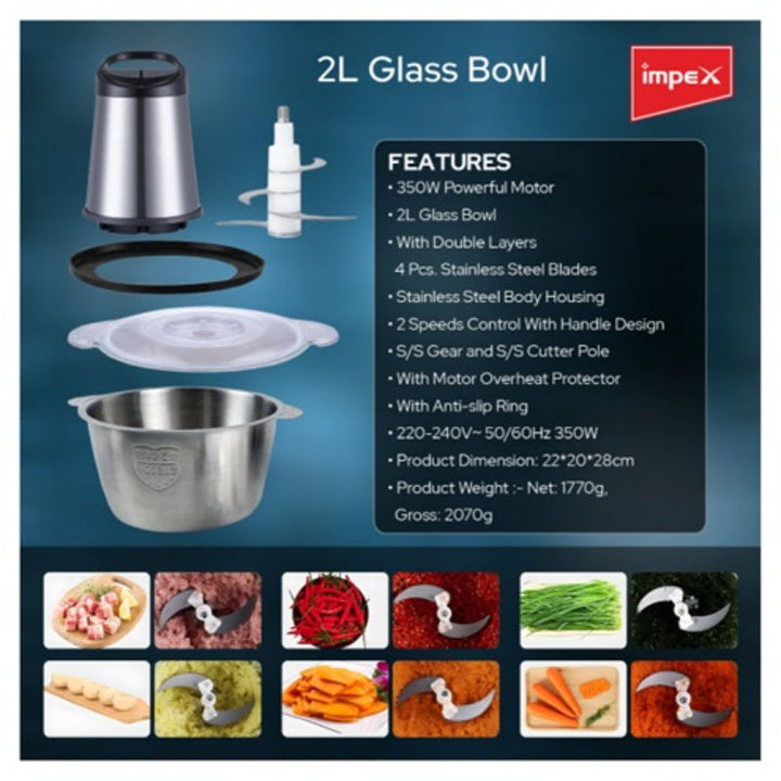 Impex Food Chopper Stainless Steel 2 Liter 350 W IMFC3202 - Salman Stores