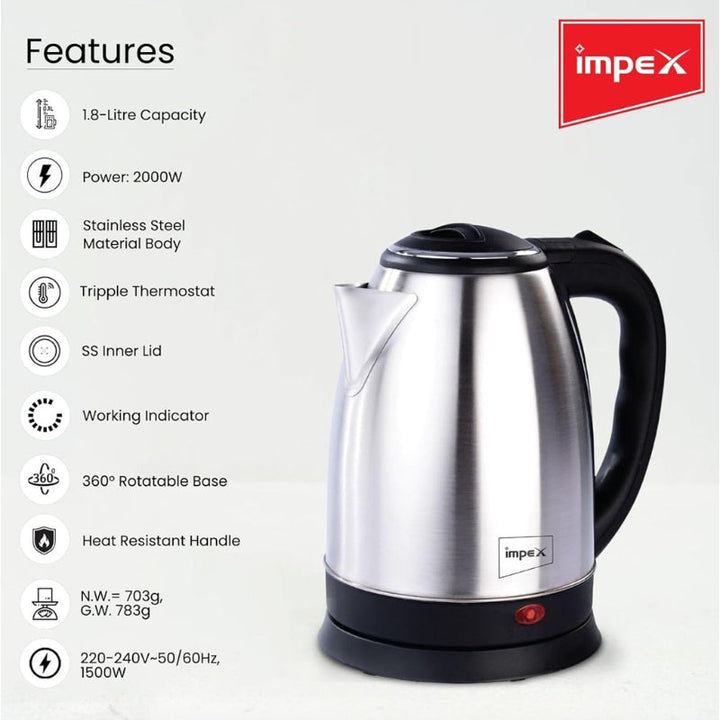 Impex Electric Kettle 1.8 Litre 1500 W Silver IMSTMR1803 - Salman Stores