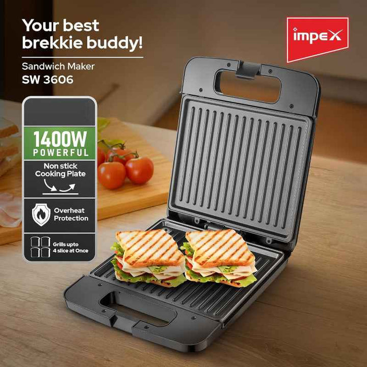 Impex Sandwich Maker Grill 4 Slice 1400W Silver Black IMSW3606