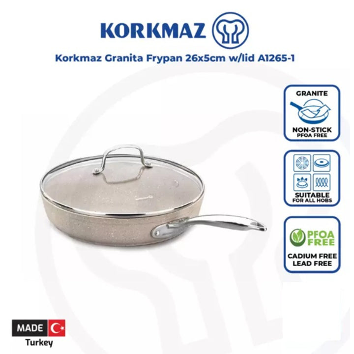 Korkmaz Frypan with Lid Granite Beige 26cm/ 2.5 Liter KOR12651 - Salman Stores