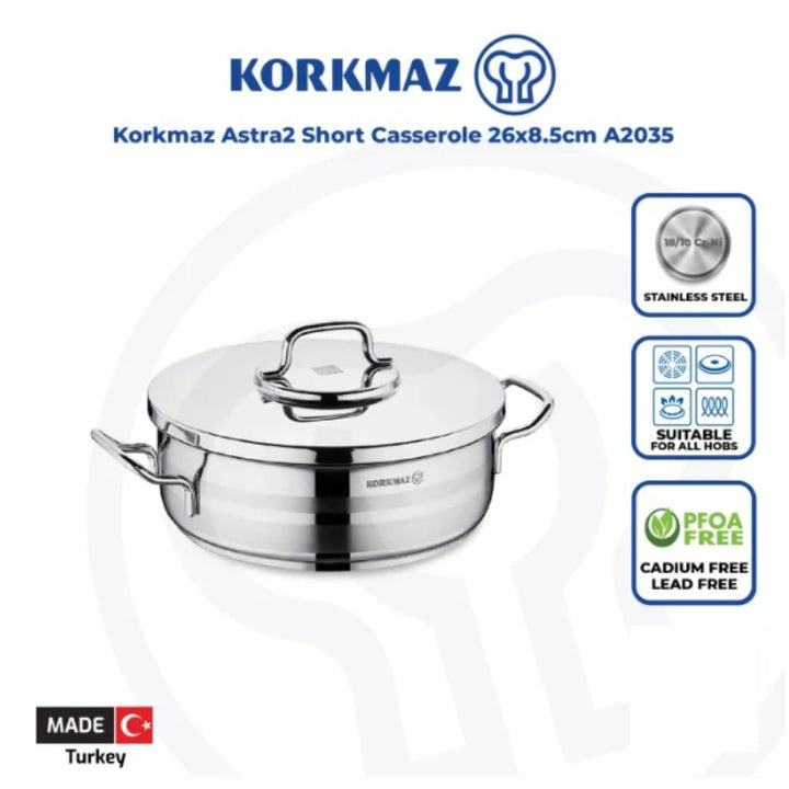 Korkmaz Low Casserole Stainless Steel Astra2 26cm KOR2035 - Salman Stores