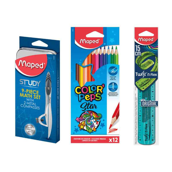 Maped Color Peps 12 Color Pencil with Study Geometry Set and Ruler 15cm Twist n Flex MDP-VP-145