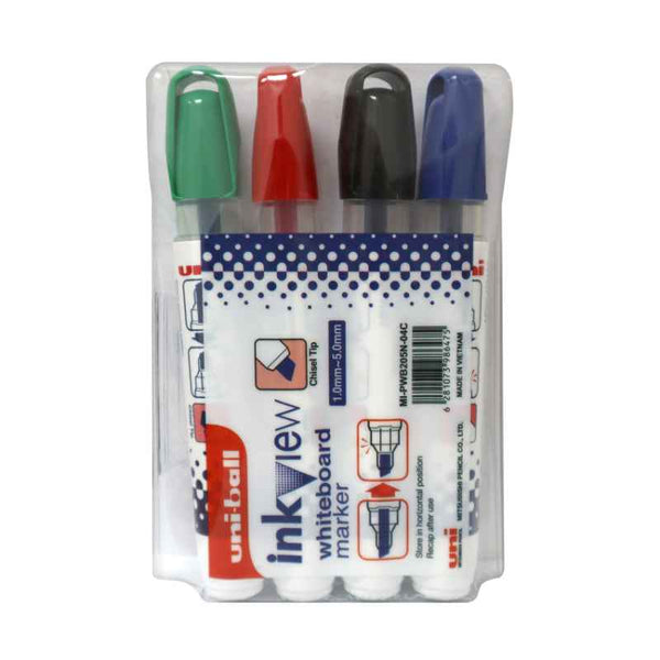 Mitsubishi Uni Ball Ink View White Board Marker With Chisel Tip Set of 4 MI-PWB205N-04C