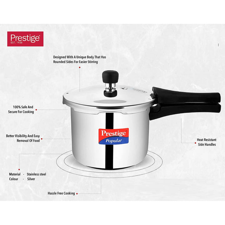 Prestige Popular Pressure Cooker Sleek Stainless Steel 5 Liter MPP20652 - Salman Stores