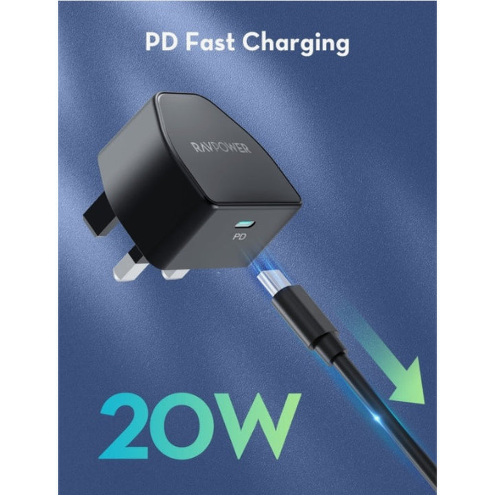 RAVPower PD20W Nano Wall Charger With C-C Cable Black RP.PC1032.BK - Salman Stores